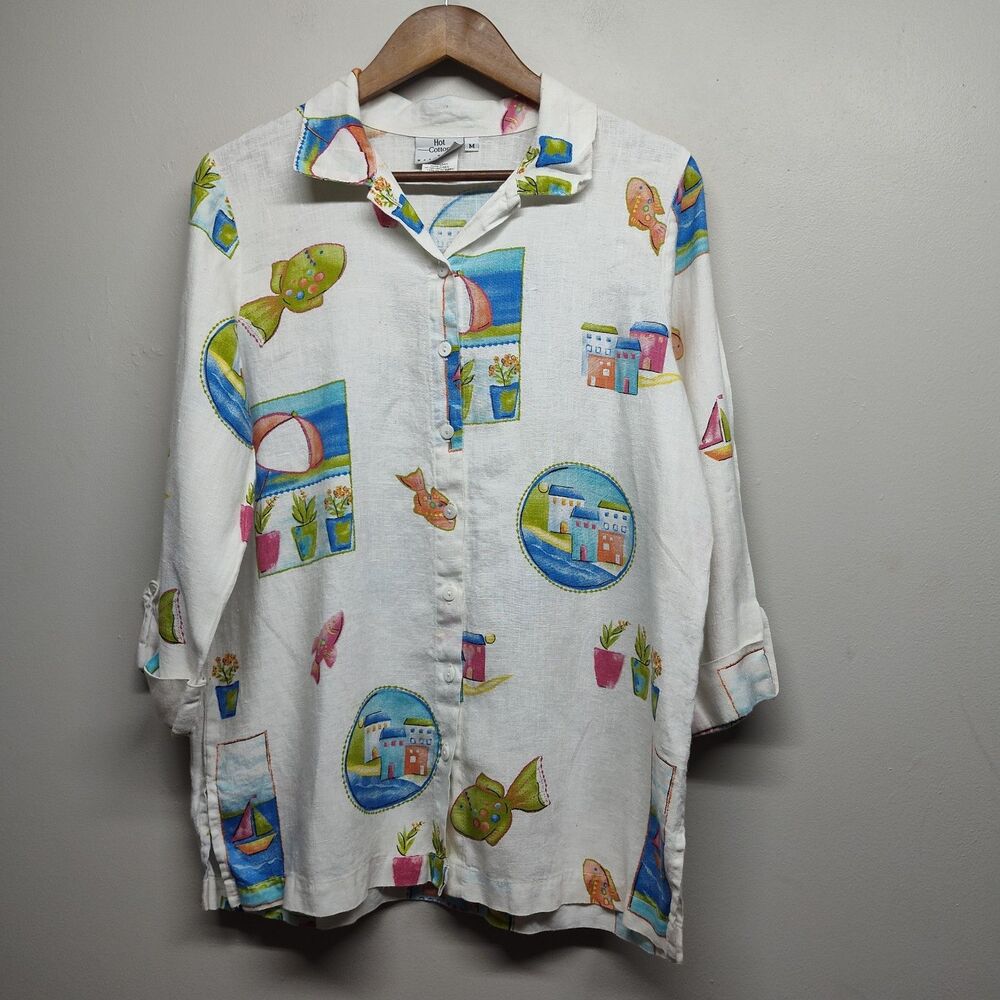 Hot Cotton Linen Button Down Shirt Size M White Novelty 3/4 Sleeve Vacation